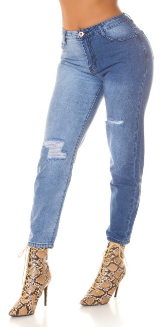 Hoge taille bi-color mom jeans gebruikte used look blauw